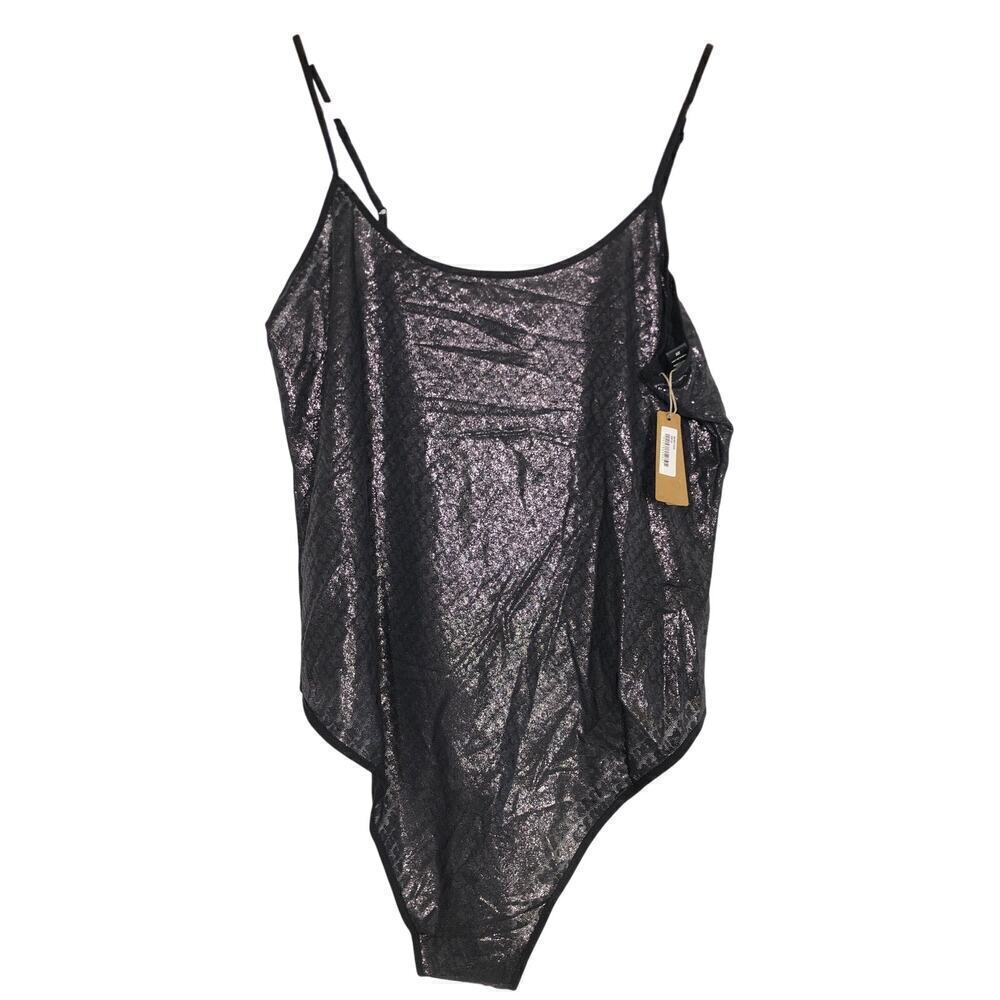 SKIMS Logo Mesh Foil Cami Bodysuit in Onyx Black NWT 2X